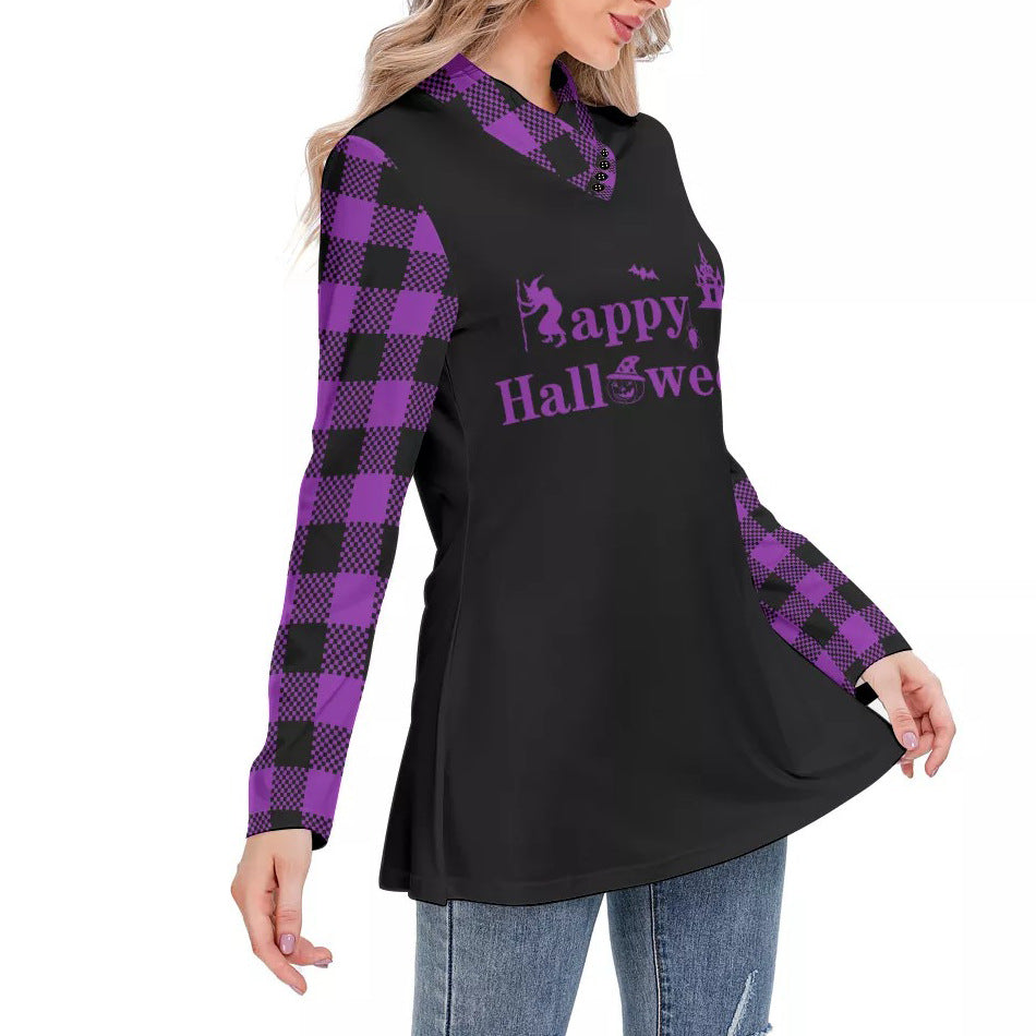 Fashion Halloween Women's Plaid Long Sleeve High Neck Slim Casual Tunic Top