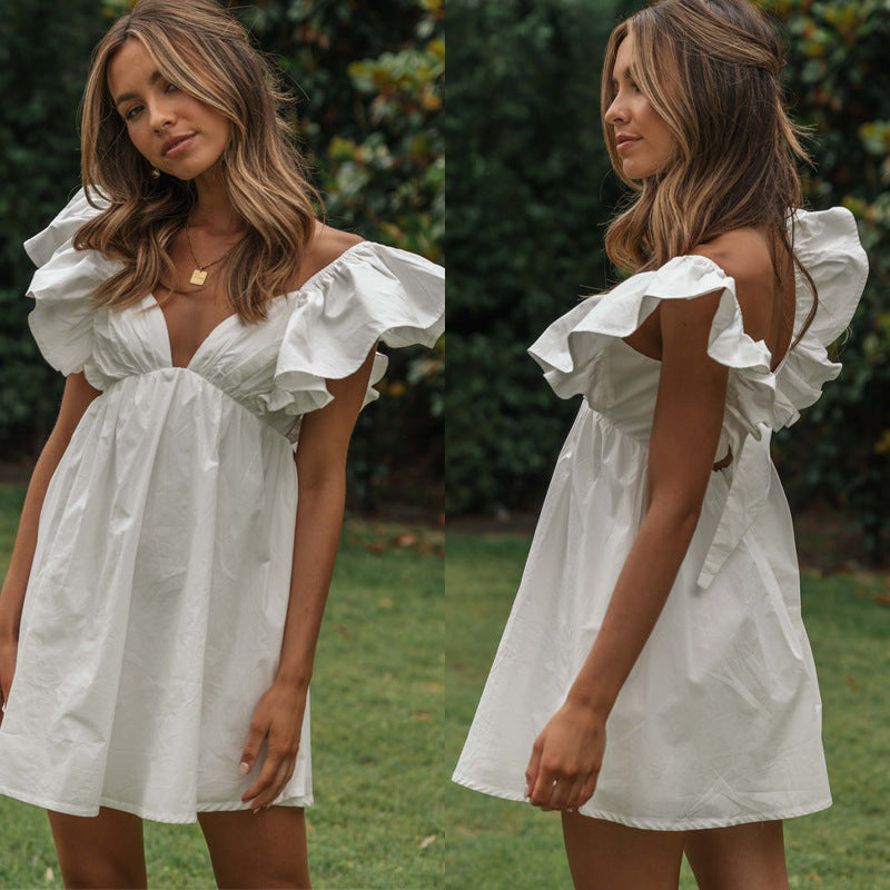 Women's New V-neck Ruffle Sleeve Age Reducing Short Dress