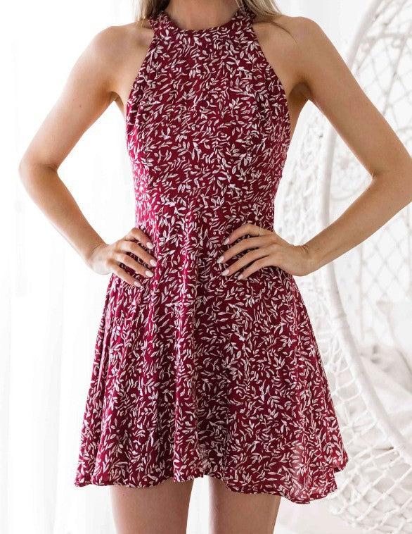 Sexy Halter Featured Backless Print Dress