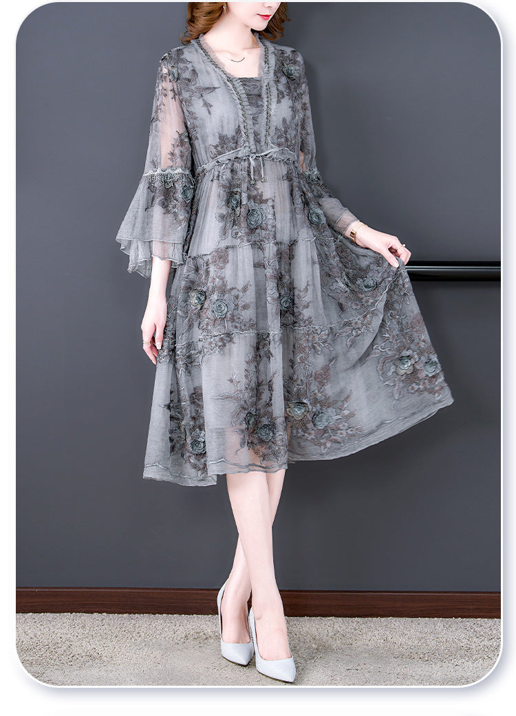 Gray Three-dimensional Embroidered V-neck Five-point Petal Sleeves A-line Plus Size Dress