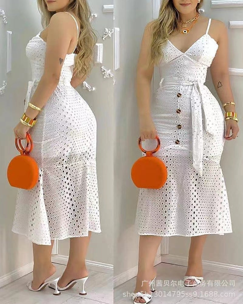 White Cutout Slip Dress Belted Lined