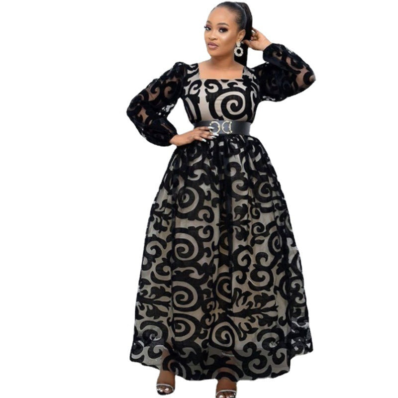 Mesh Elegant Long Skirt Black Mid-rise Printed Pullover Dress No Belt