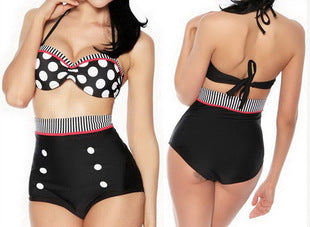 Ladies Swimsuit Retro High Waist Cover Belly Hanging Neck