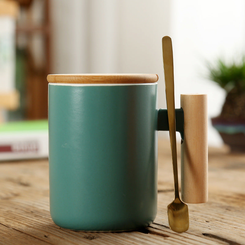 Simple Straight Ceramic Mug With Wooden Handle