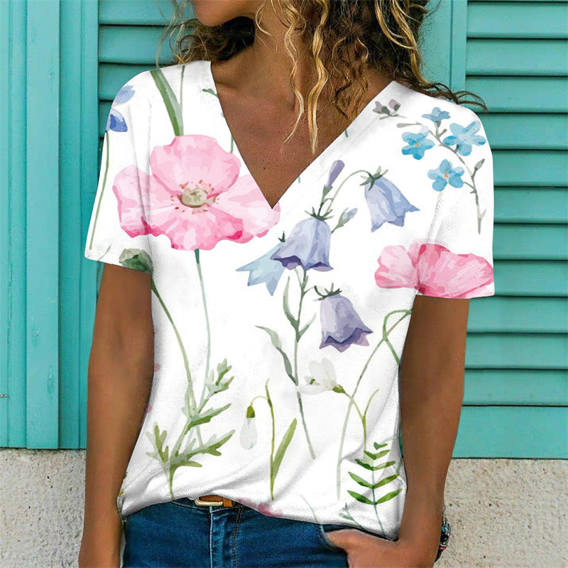 Flowers Print T-Shirt Casual Short Sleeve V-Neck Pullover Tops Women