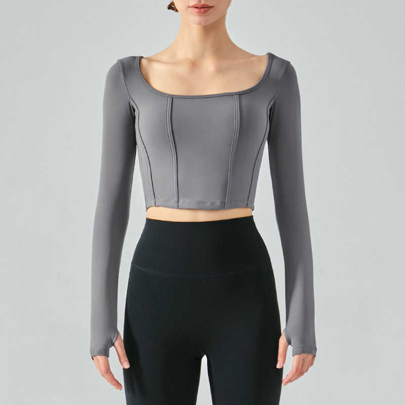 New Fishbone Tangent Square Neck Yoga Long-sleeved Women's Slim Sports Top