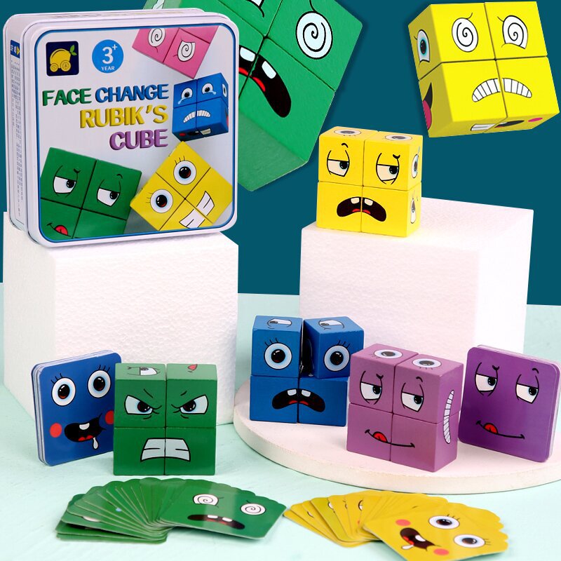 Wooden Double Fighting Face-changing Expression Rubik's Cube Building Blocks