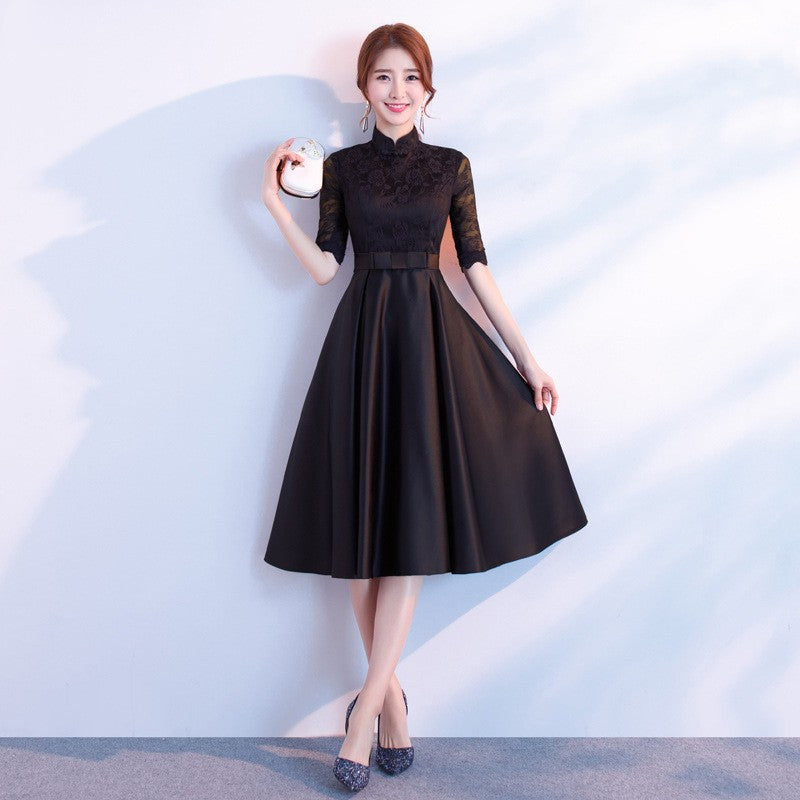 The End Elegant Long Sleeve Thin Company Annual Meeting Black Dress Dress Long Section