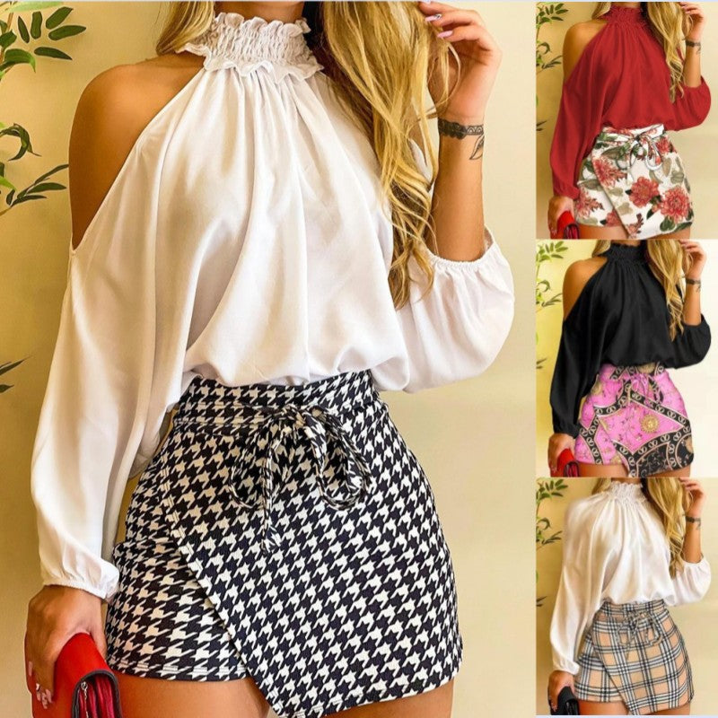 White Offtheshoulder Long-sleeved Top Houndstooth Hakama