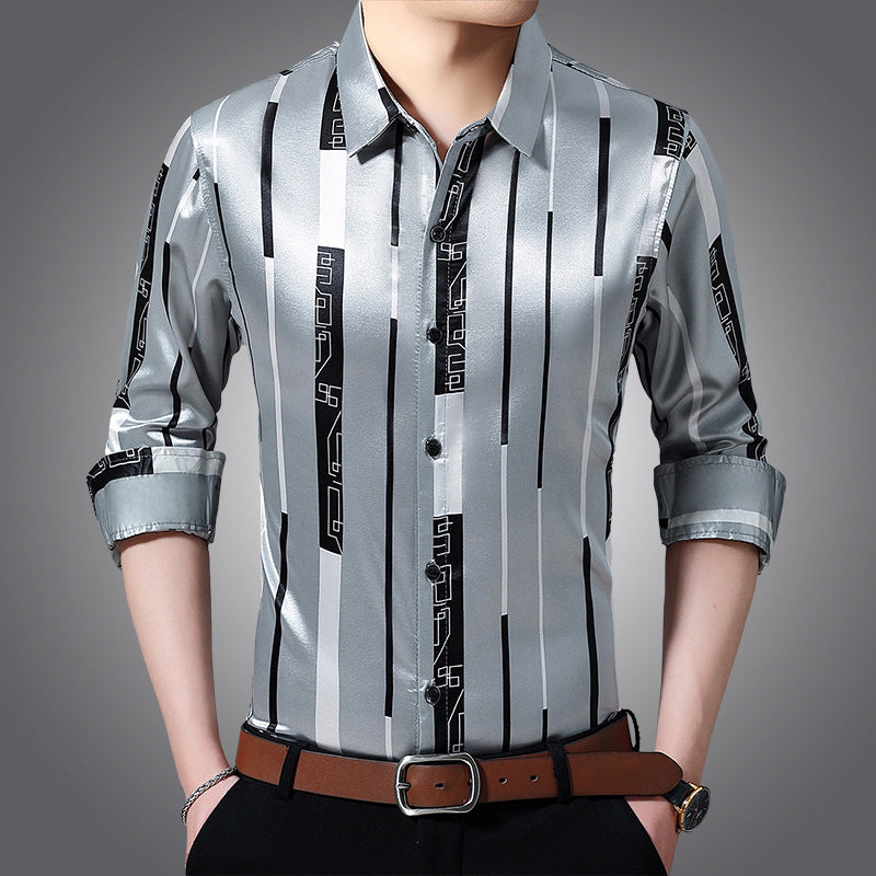 Spring And Autumn Striped Silk Ironing Shirt Men's Long Sleeves