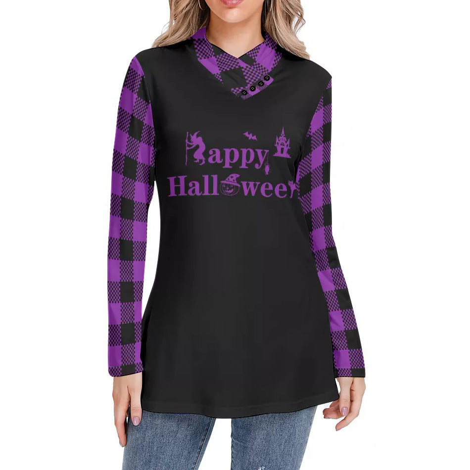 Fashion Halloween Women's Plaid Long Sleeve High Neck Slim Casual Tunic Top