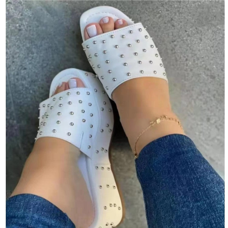 Women Rivet Slippers Summer High Heel Plats Shoes Peep-toe Beach Shoes