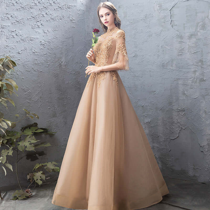 Banquet Evening Dress Female Golden Stand-up Collar Host Annual Party Dress Skirt