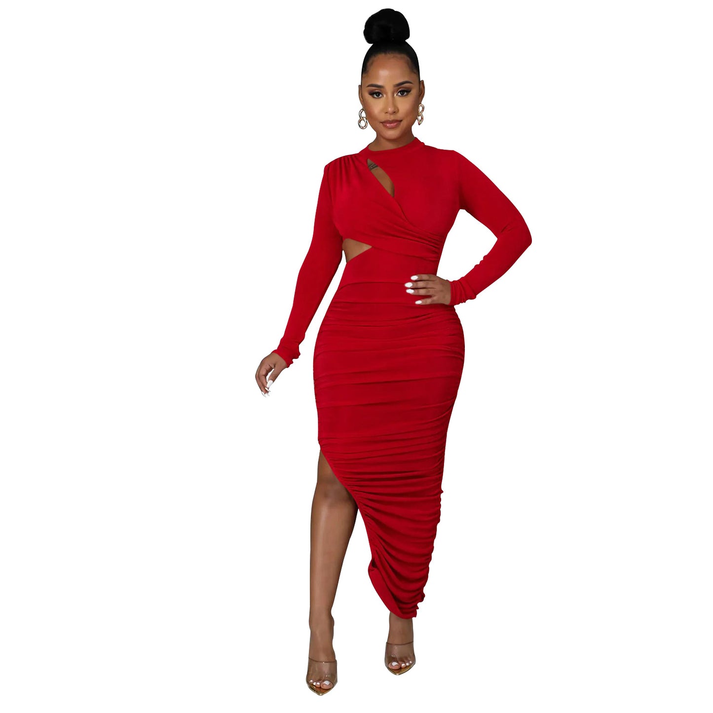 Fashion Women's Solid Color Ruffle Round Neck Long Sleeve Dress