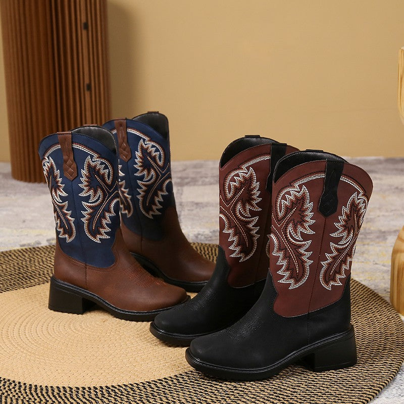 Embroidery Shoes Western Boots Chunky Mid Heel Cowboy Boots Women