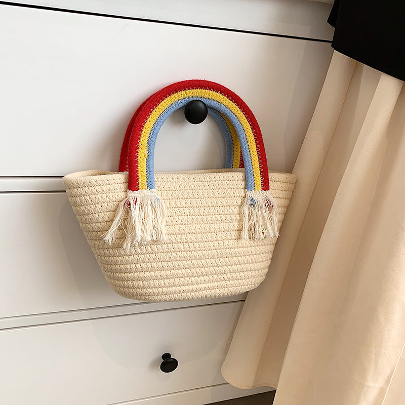 Cute Rainbow Handbag Small Bag Women's New Handmade Cotton Thread Women's Bag Straw Small Fresh Seaside Holiday Beach Bag