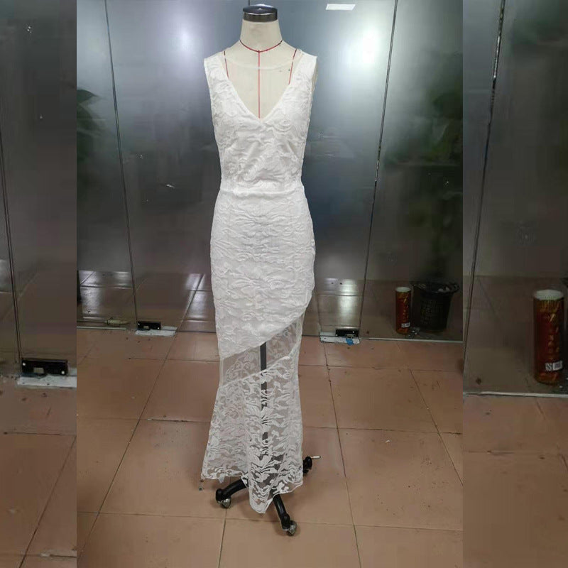 Fashion Sexy Lace Hollow Sleeveless Dress Long Skirt