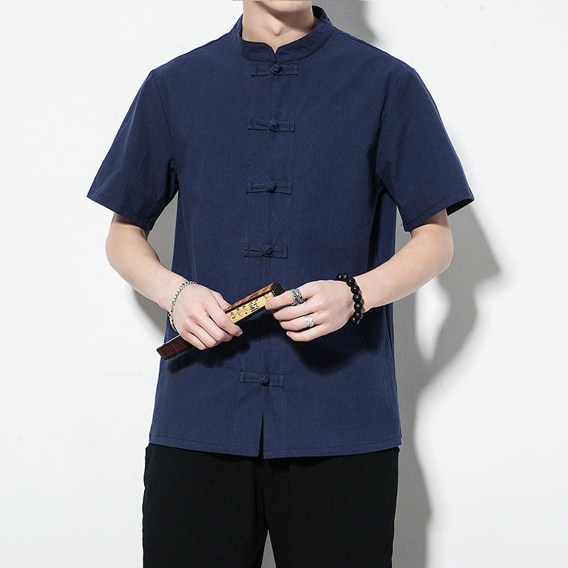 Summer Chinoiserie Stand Collar Button-up Shirt Men's