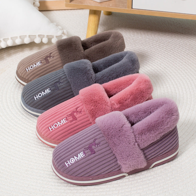 Winter Warm Shoes Women Men Couples Deer Embroidery Home Slippers Bedroom Indoor Shoes