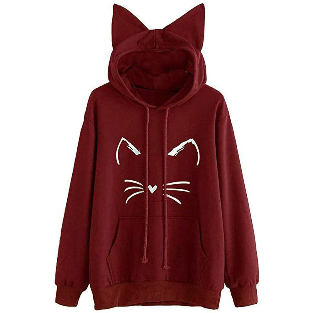 Cat Printing Ear Hooded Women's Sweater