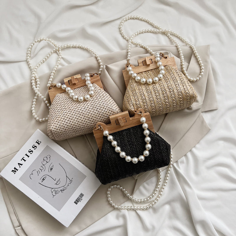 Straw Bag Women Hand-Woven Handbags And Purses 2022 Summer Wooden Rattan Casual Beads Beach Small Shoulder Crossbody Bag