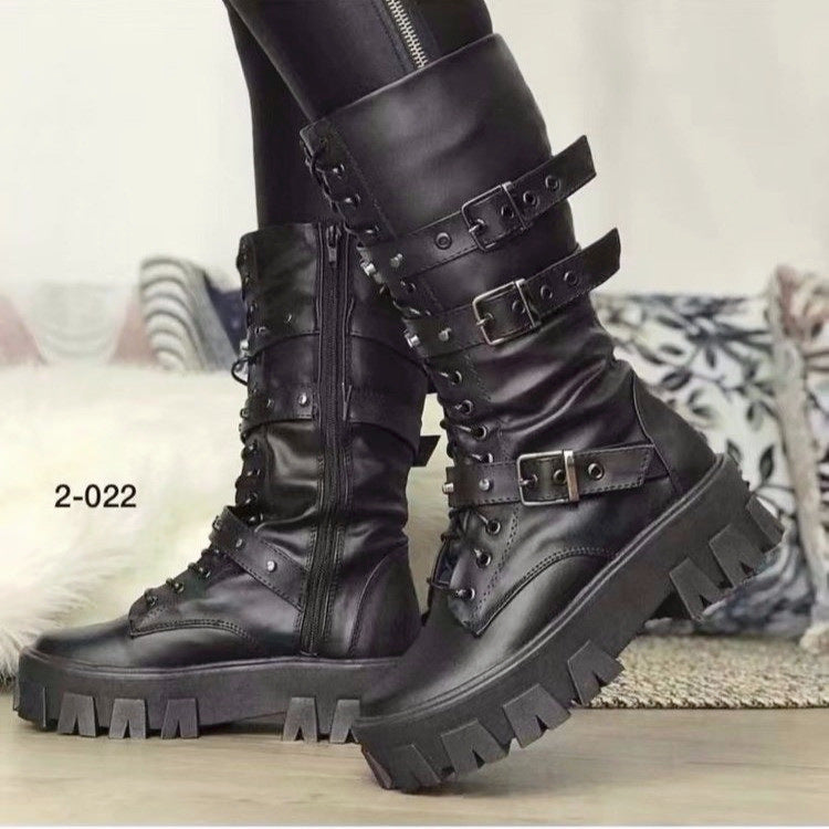 Women's Martin Boots Lace Up Combat Boot Mid Calf Platform Shoes Western Boots