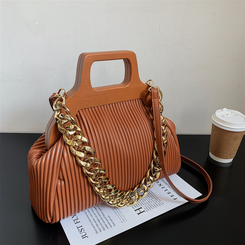 Thick Chain Small PU Leather Shoulder Crossbody Bags With Short Wooden Handle For Women 2022 Winter Luxury Simple Lady Handbags