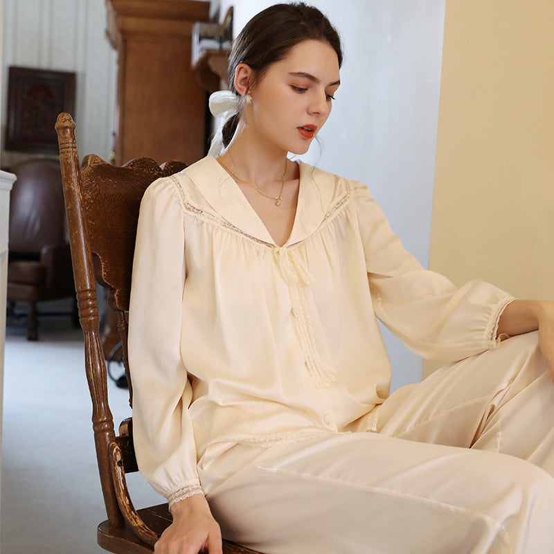 French Lapel Shirt Style Spring Ice Silk Long-sleeved Pajamas Two-piece Loose And Simple Outerwear Household Clothes