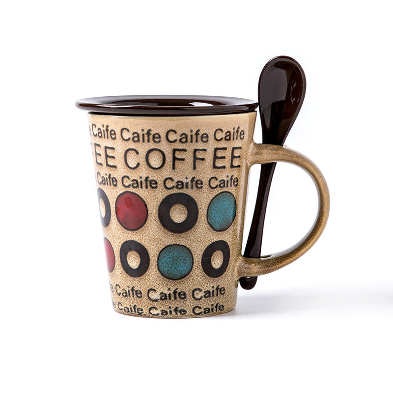 Trendy Ceramic Coffee Milk Mug With Lid Spoon