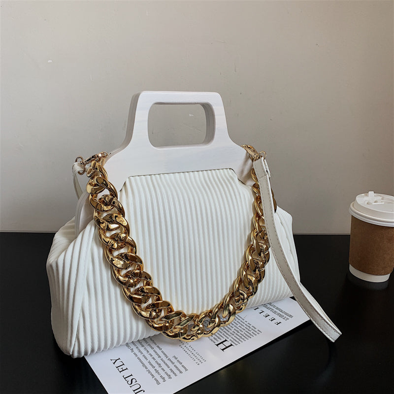 Thick Chain Small PU Leather Shoulder Crossbody Bags With Short Wooden Handle For Women 2022 Winter Luxury Simple Lady Handbags