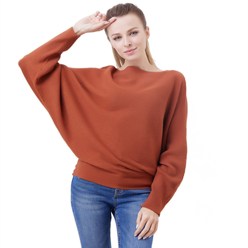 Women's Knit Sweater One-neck Bat Shirt Pullover Loose Threaded Top