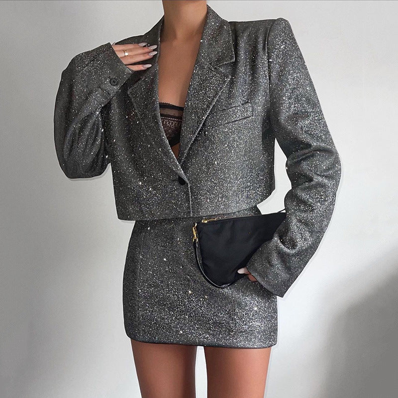 Fashion Lapel Long-sleeved High-waisted Skirt Suit