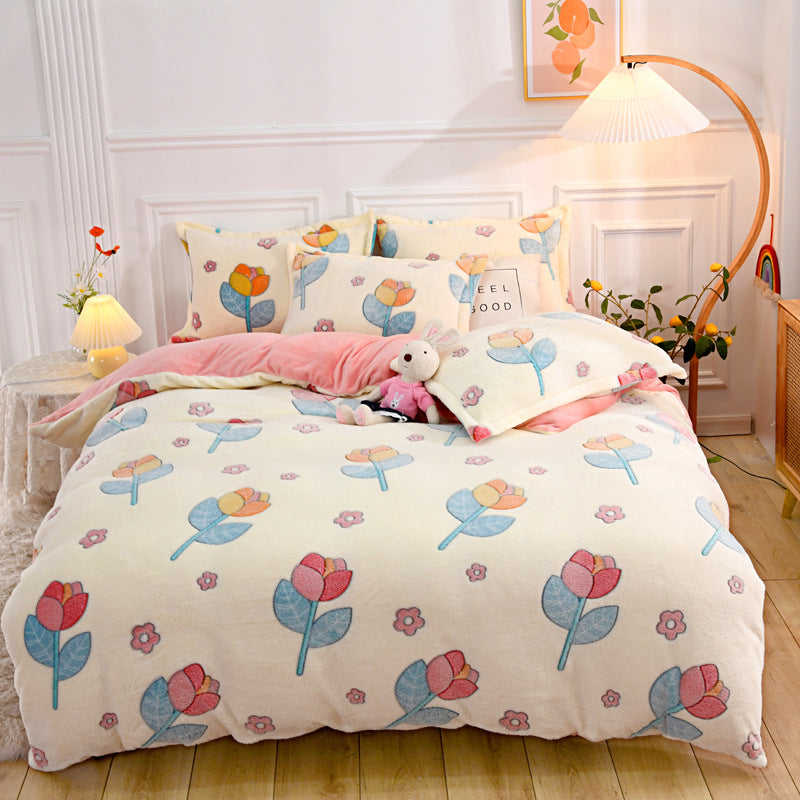 Four-piece Set Of Printed Thick Warm Coral Fleece Sheets