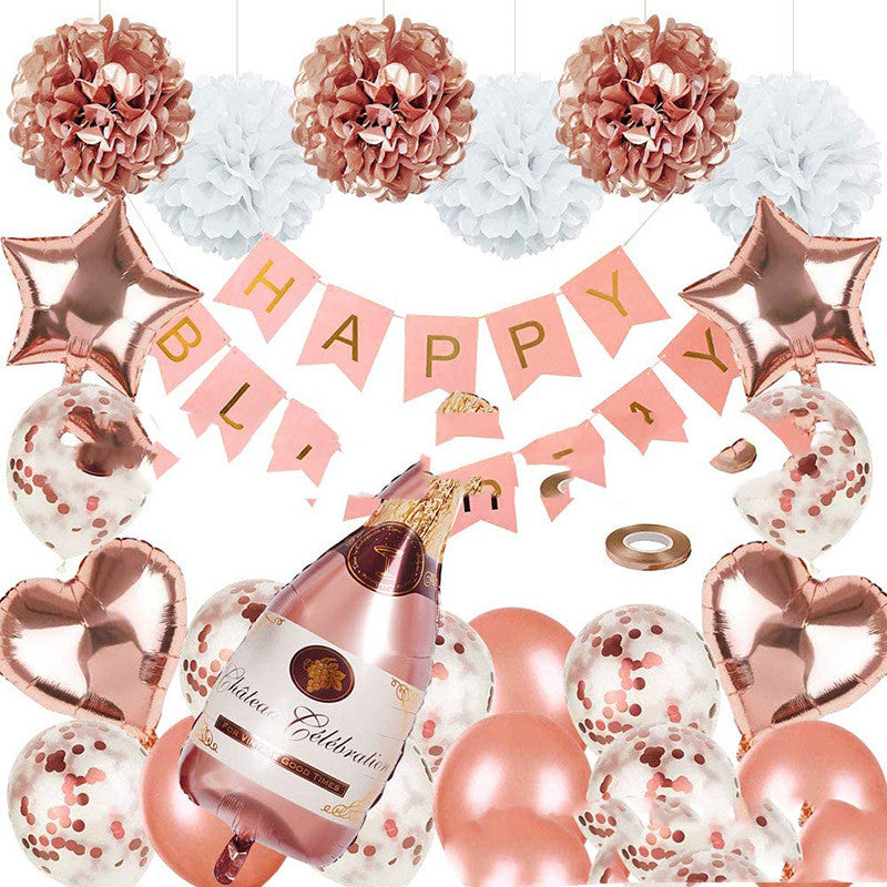 Rose Gold Balloon Set Birthday Decoration Bronzing Birthday Flag