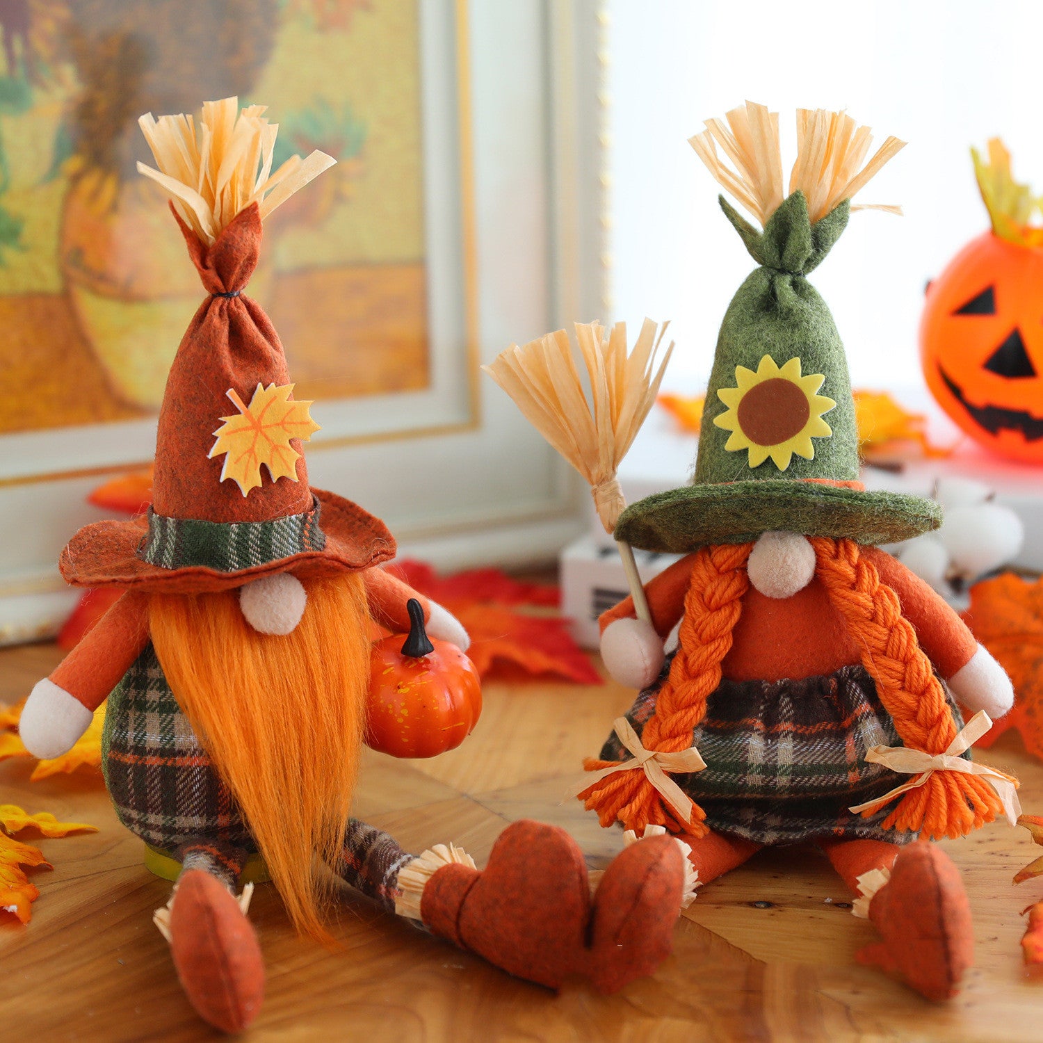 Harvest Festival Orange Pumpkin Broom Witch Scarecrow Faceless Doll