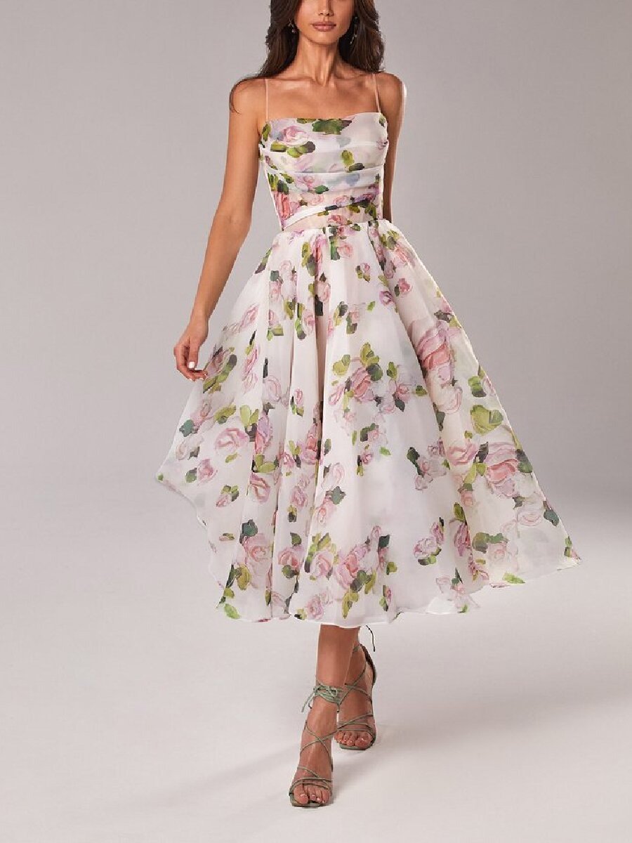 Strapless Sleeveless Printed Swing Dress