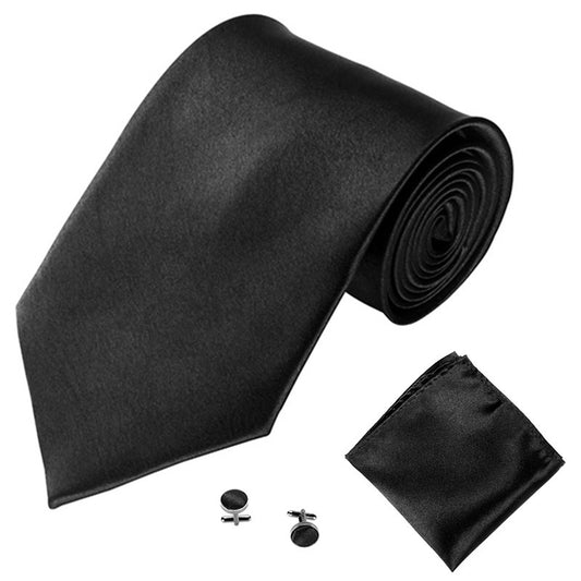 Solid Monochrome Men's Tie Cufflinks Pocket Square Set