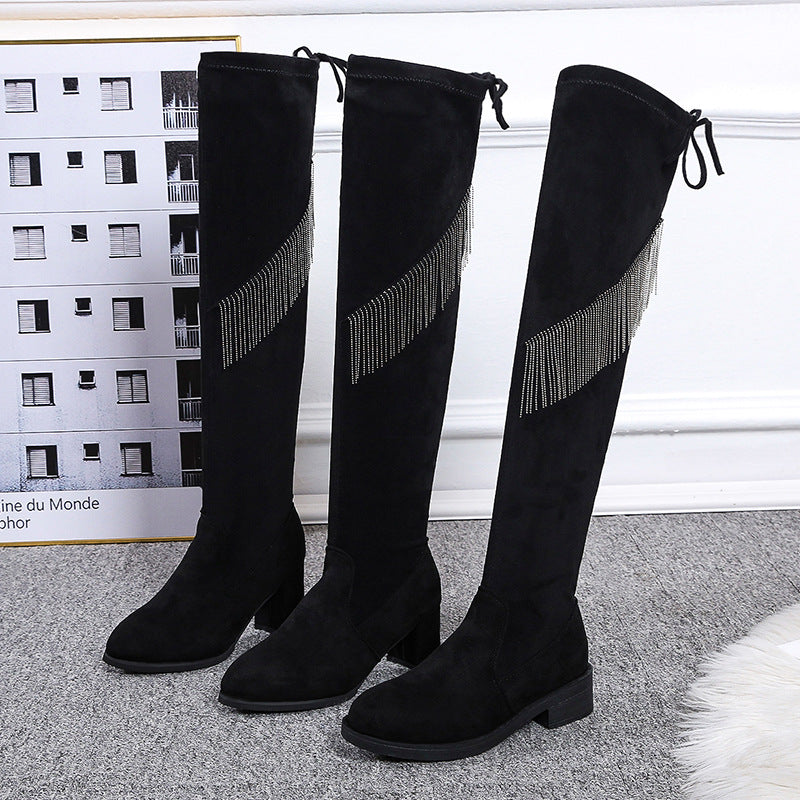 Over The Knee Boots Faux Suede Rhinestone Fringe Trim Western Boots