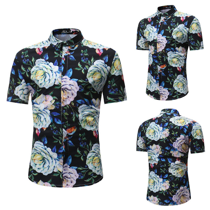 Summer New Men's Slim-fit Pointed Collar Youth Casual Short Sleeve Printed Shirt