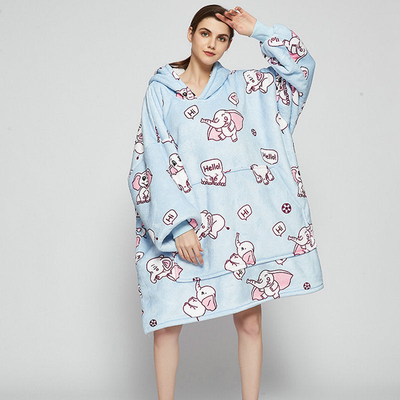 Ovesized Wearable Blanket Hoodie Winter Cute Print Fleece Sleepwaer Warm And Cozy Sofa Homewaer