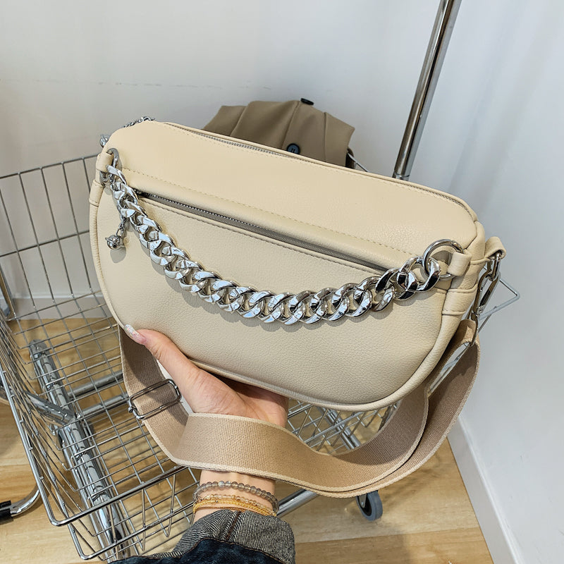 Solid Color Thick Chain Small PU Leather Crossbody Bags For Women 2022 Trend Fashion Shoulder Bag Wide Shoulder Belt Handbags