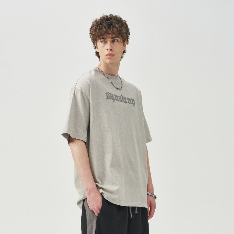 Men's Wide Patch Leather Stitching Short-sleeved T-shirt