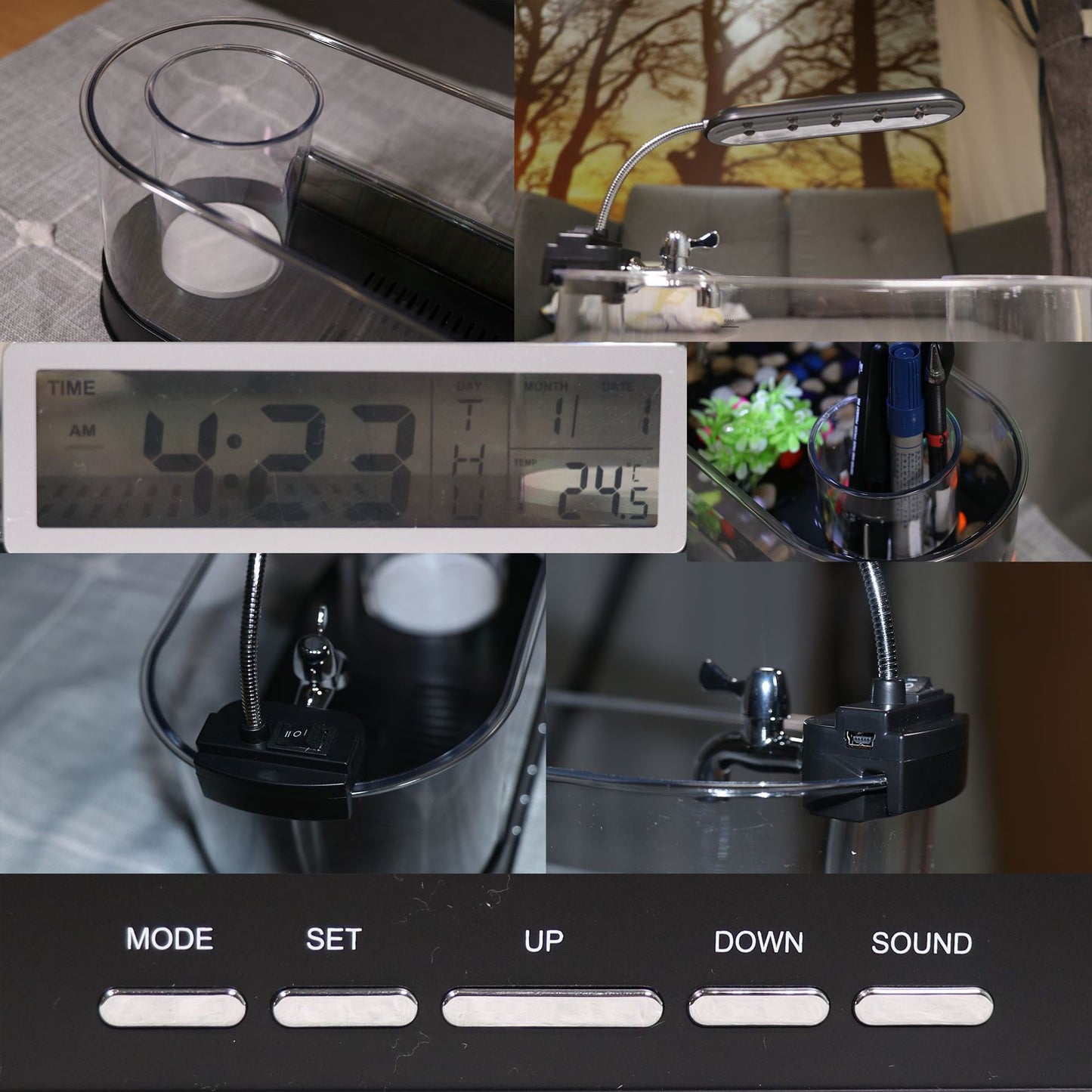 USB Desktop Streaming Mini Aquarium Time Date Week Temperature Alarm Transparent Pen Holder