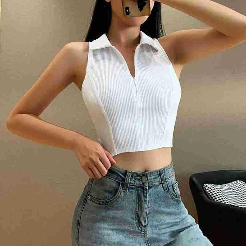 Sleeveless Zipper V-neck Short Style Small Vest For Women