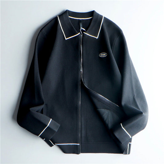 Check Lapel Knit Cardigan Loose Dark Button Sweater Jacket