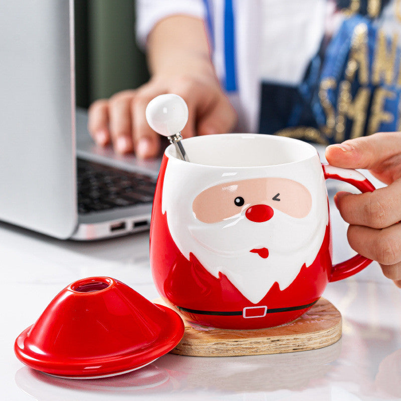 Santa Claus Ceramic Mugs Milk Coffee Cups With Lids Spoons Ins Large Capacity Water Bottle Creative Mark Drinkware