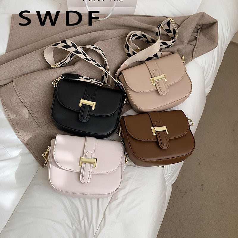 Solid Color Flap Square Crossbody Bags For Women PU Leather Trendy Wide Strap Designer Handbags Ladies Luxury Small Shoulder Bag