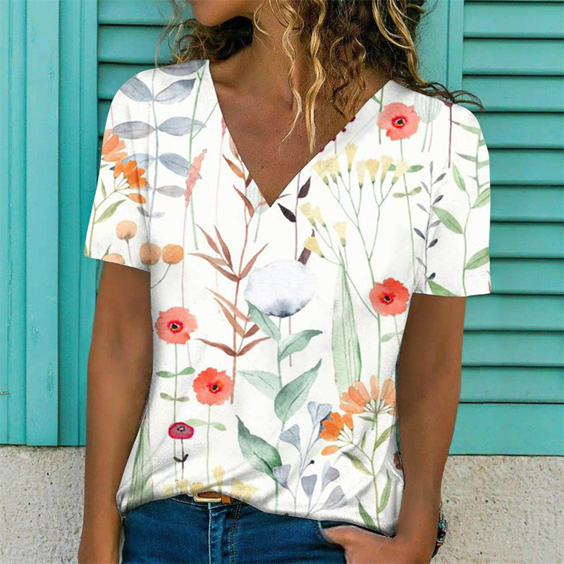 Flowers Print T-Shirt Casual Short Sleeve V-Neck Pullover Tops Women