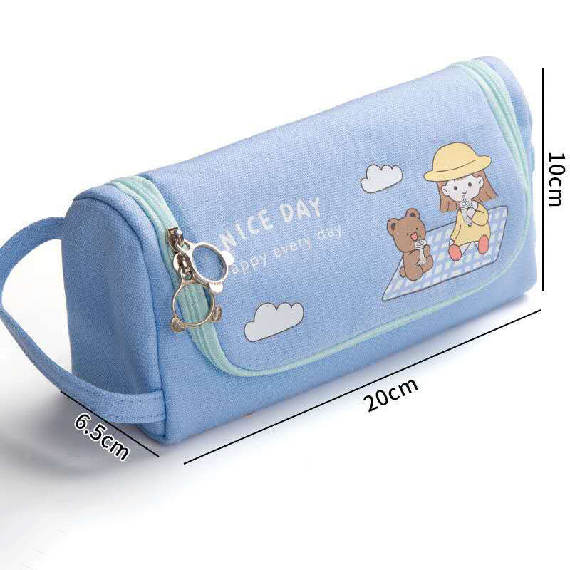 Canvas Pencil Case Large Capacity Simple Girl Japanese Cute Girl Heart Stationery Box Korean Pencil Case Multi-function