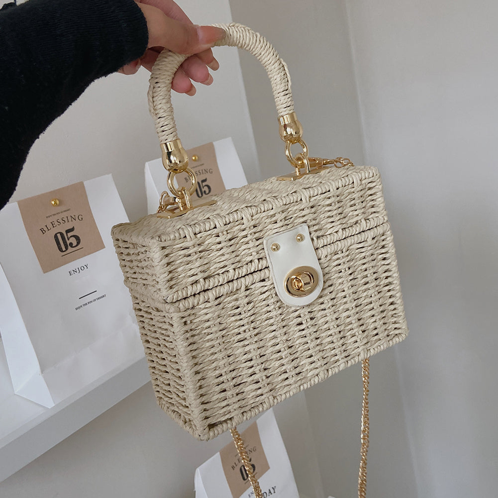 Rattan Straw Shoulder Bag Women Boho Hand-Woven Basket Messenger Bag Summer Beach Square Box Top-handle Handbag For Lady Girls